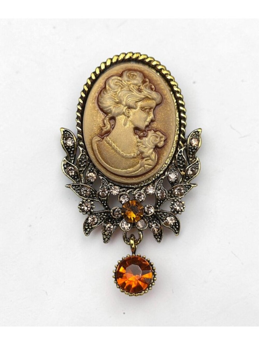 Brass-Tone Cameo Brooch With Rhinestones & Amber Crystal Drop Pendant